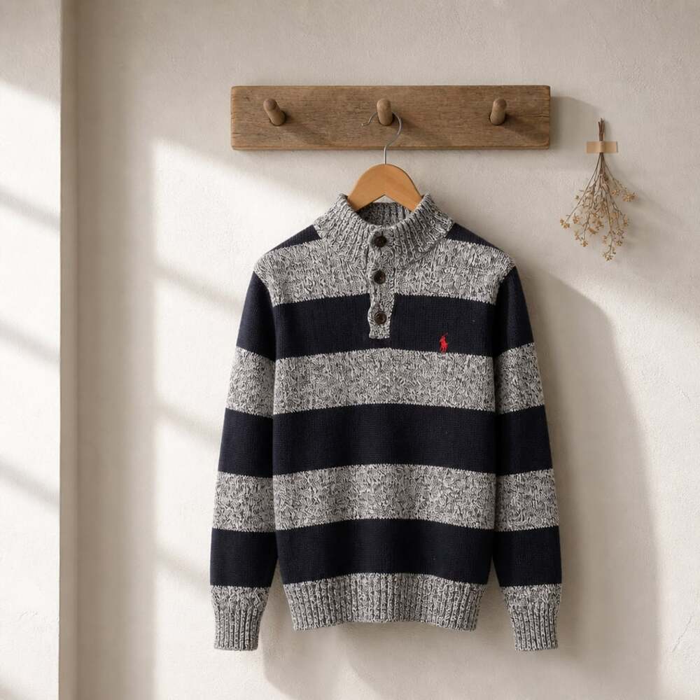 Polo Ralph Lauren Kids Blue Heather Navy Striped Mock Neck Pullover Sweater Size